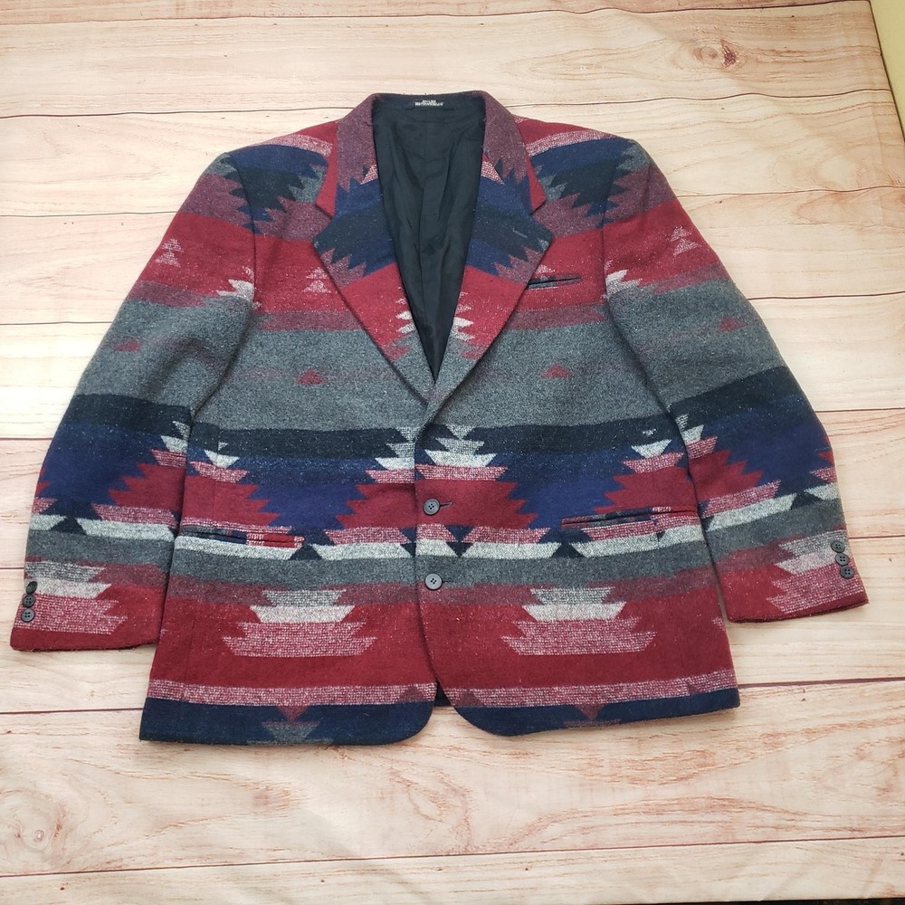 MBA Made By Americans Jacket Mens Large Red Aztec Southwestern Wool Blazer USA